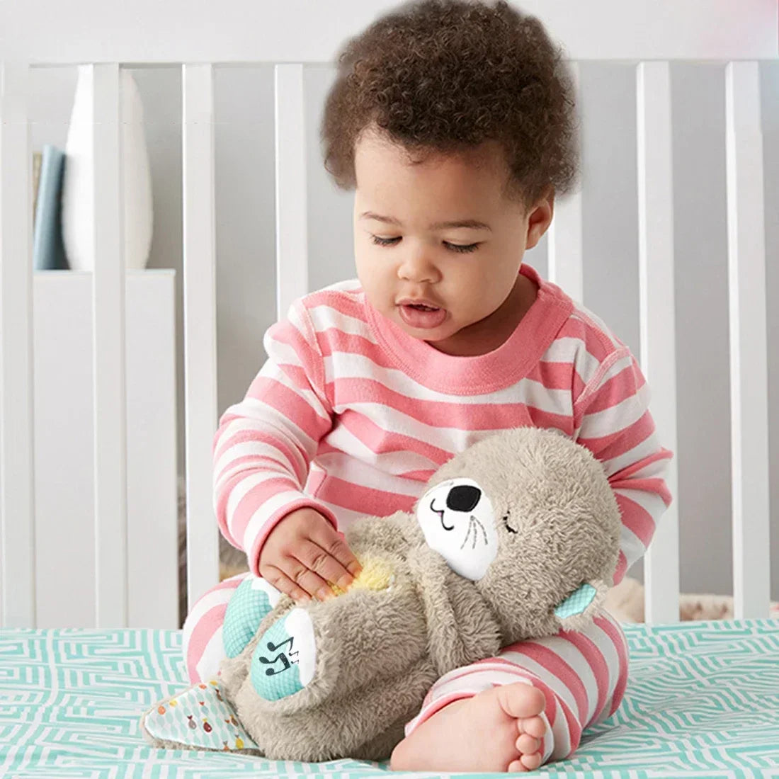 Baby Breathing Bear Baby Soothing Otter Plush Doll Toy Baby Kids Soothing Music Sleeping Companion Sound and Light Doll Toy Gift